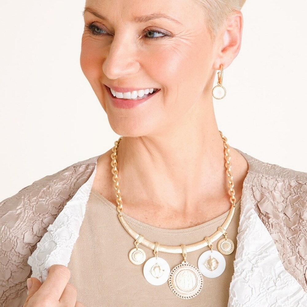 Chico's White And Hammered Gold Tone Coin Collar Necklace